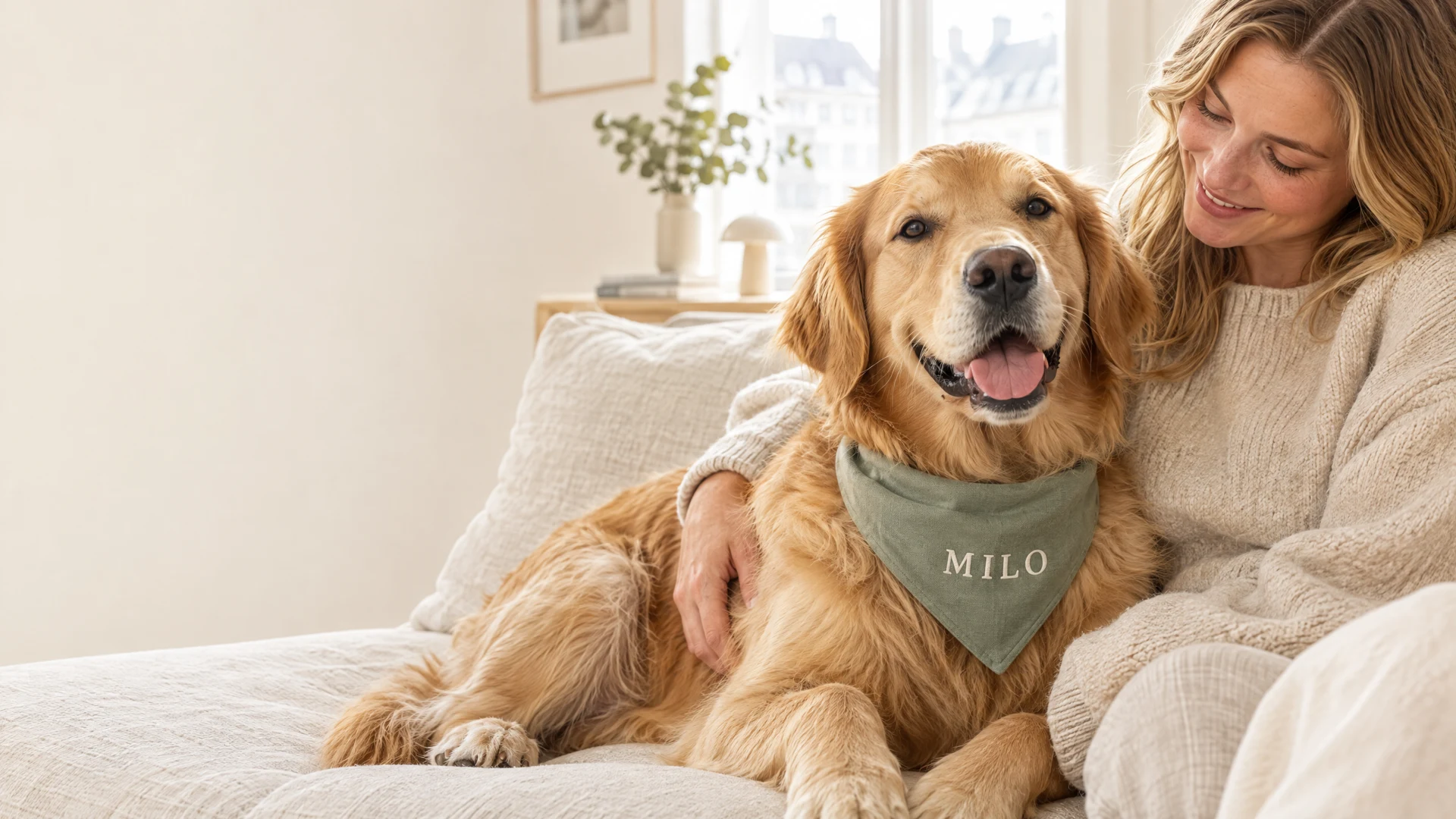 Golden retriever med en salviegrøn bandana med navnet Milo sammen med sin ejer